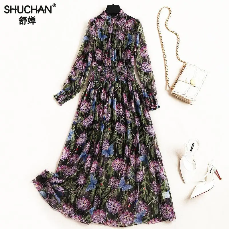 

Shuchan Long Women Spring Dress Print Prairie Chic Ankle-length New Women's Clothing In 2019 High Quality Vestidos 10544
