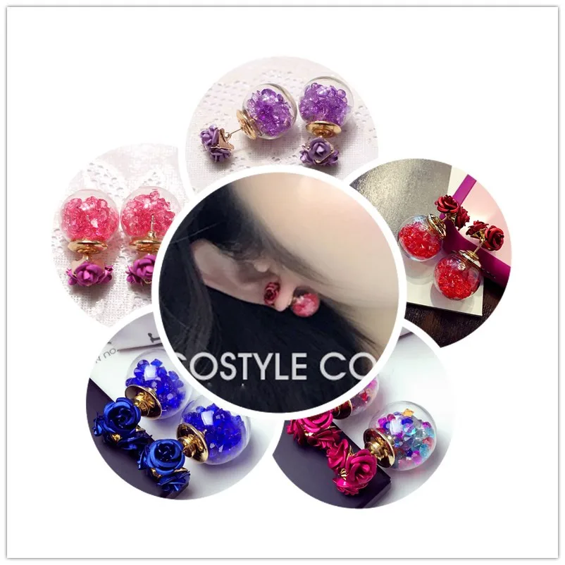 1Pair Fashion Cute Women Girls Elegant Exquisite Ear Stud Zircon Crystal Three Rose Flowers glass ball Double Sides Earrings