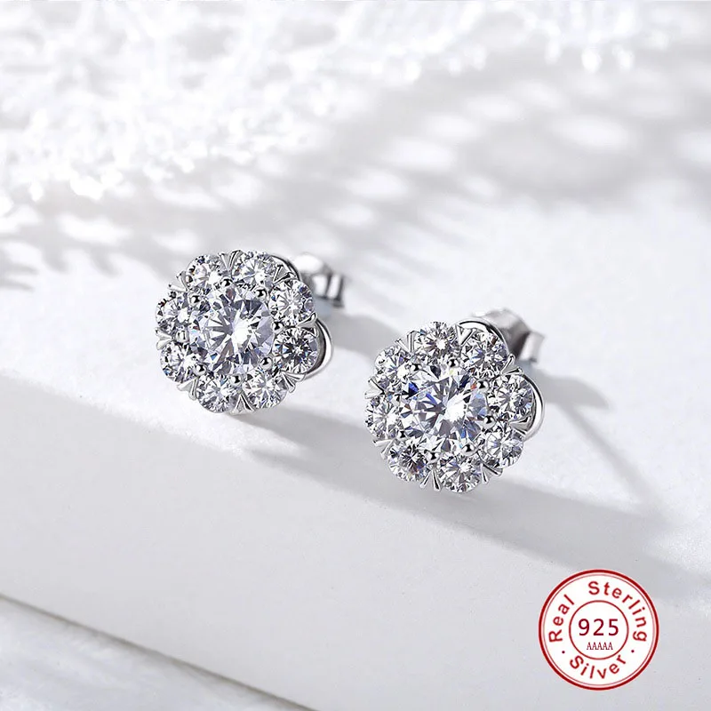 Hot Sale Authentic 100% silver color Romantic Small Flower Clear CZ Stud Earrings for Girls Women Fine Jewelry