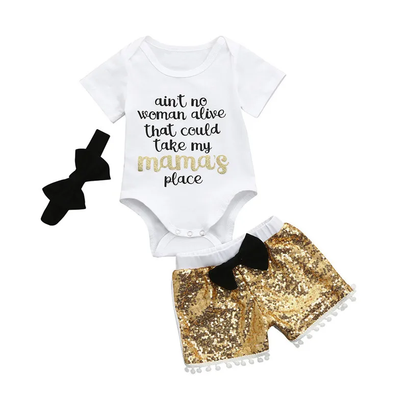 Girls suit summer 2019 new 3PCS Infant Baby Sequin Suits Girls Romper+Shorts+Headband Outfits Clothes Set  (2)