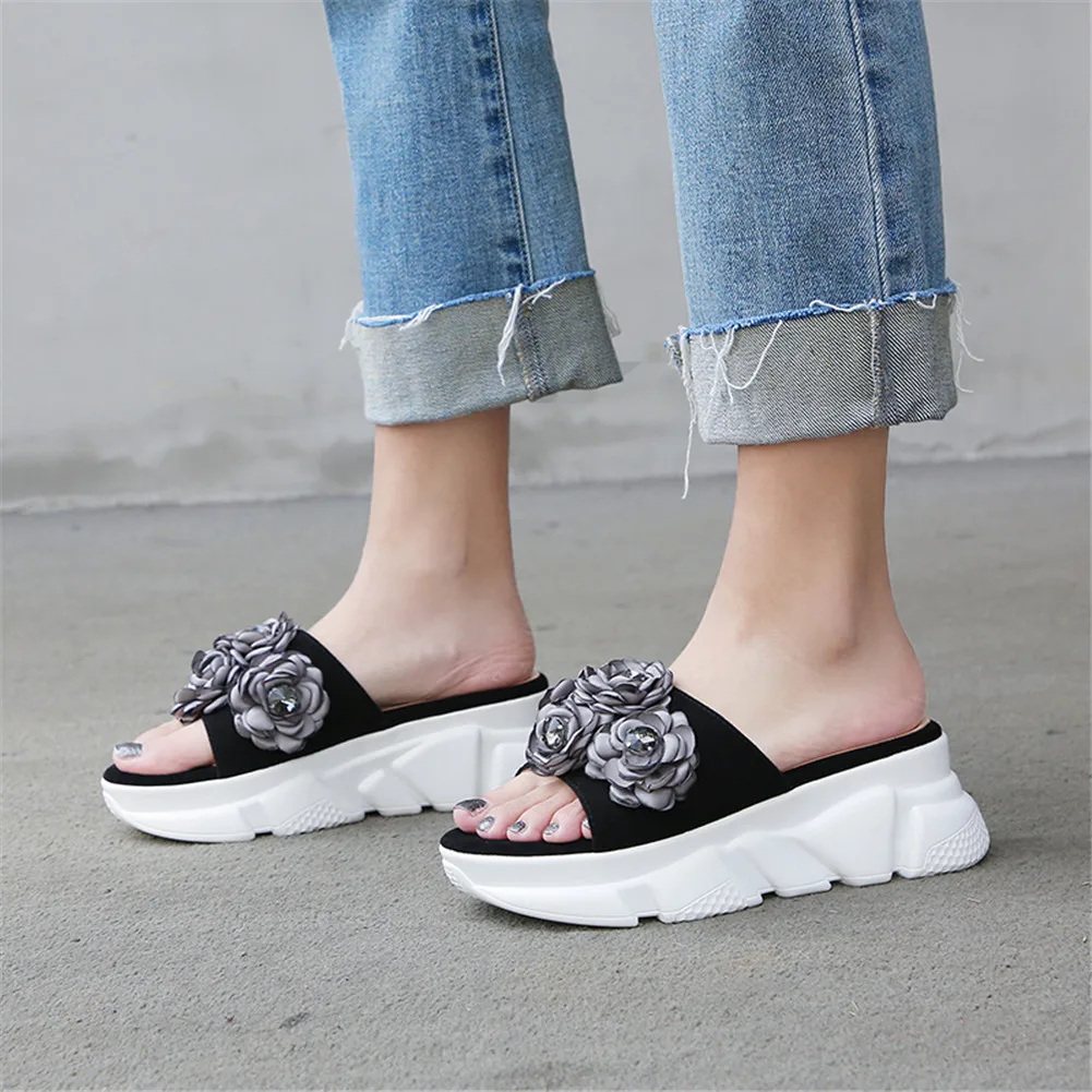 

LAPOLAKA Brand New INS Hot Ladies Platform Kid Suede Flower Shoes Woman Casual Outside Summer Slippers
