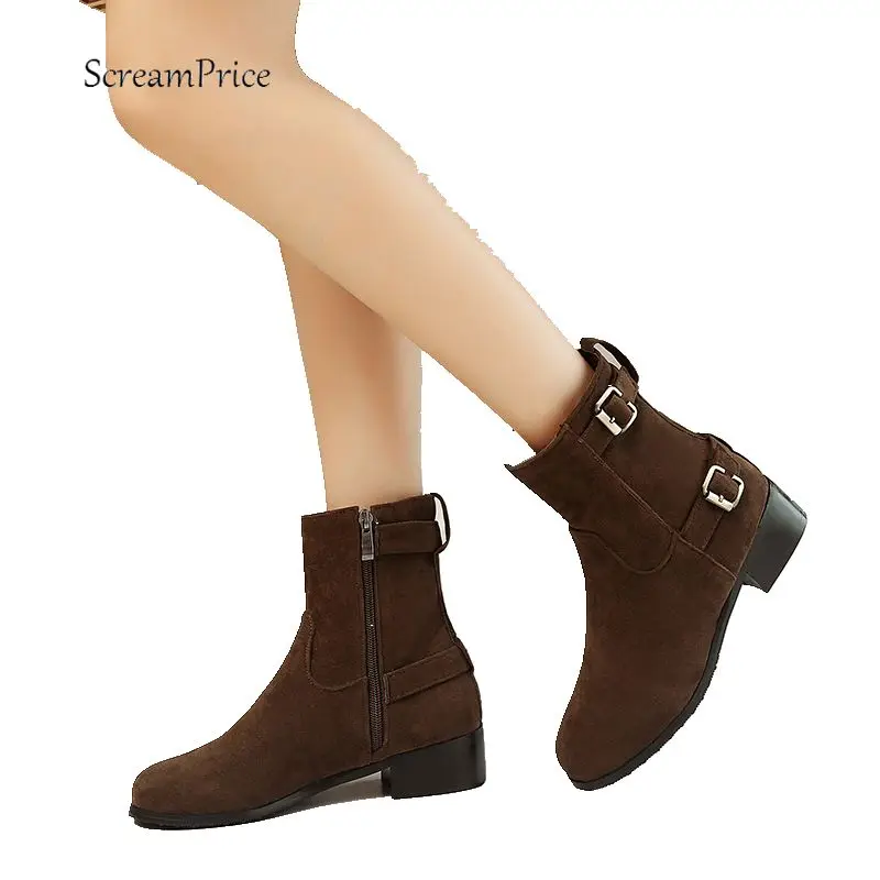 

Women Flock Ankle Boots Low Heel Fashion Booties Zipper Winter Boots Female Shoes Plus Size 43 2018 New