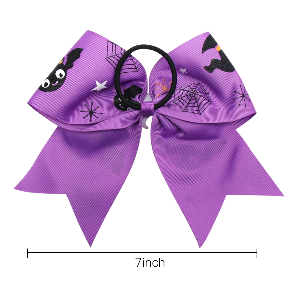 7 Inch Cheer Bows Halloween Hairbows Elastic Hair Bands Girls Ponytail Holder Printed Bowknot Ribbon Hair Accessories