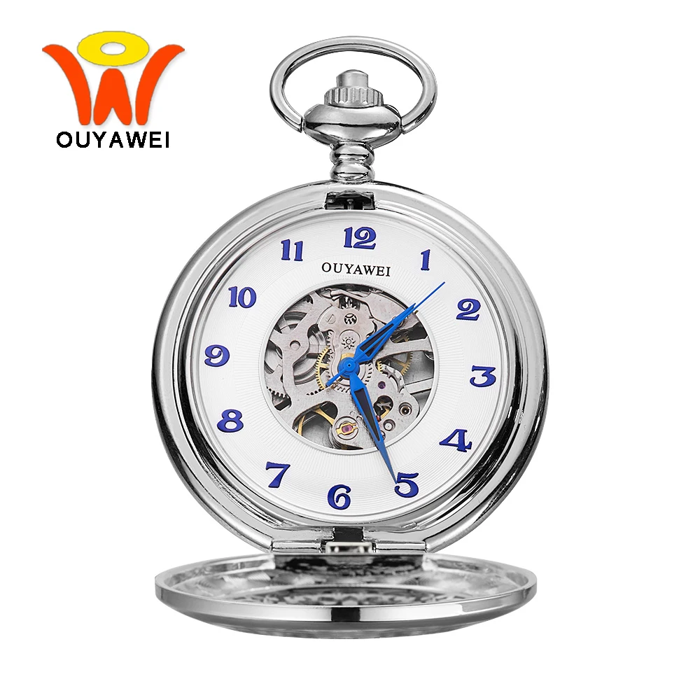 Ouyawei Vintage Skeleton Silver Mechanical Pocket Watch With Chain Men