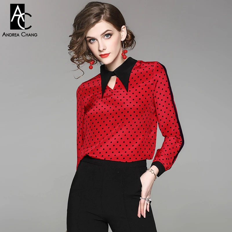 Primavera Verano mujer blusa camisa cuello amarillo punto blanco negro camisa de seda cuello negro punto rojo camisa de de la manera blusa|silk blouse|women blouseswomen blouse fashion - AliExpress