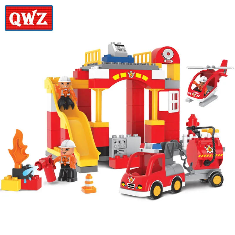 

QWZ 76pcs City Fire Station Fire Engine Large Size Building Blocks Fireman Figures Large Particle Compatible Duplo For Baby Toys