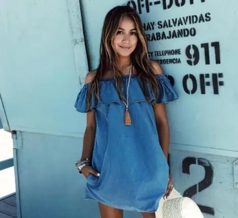 

1pcs/lot free shipping Elegant Jeans Dress off the shoulder Casual Blue short Women' s Summer Beach Denim Dresses