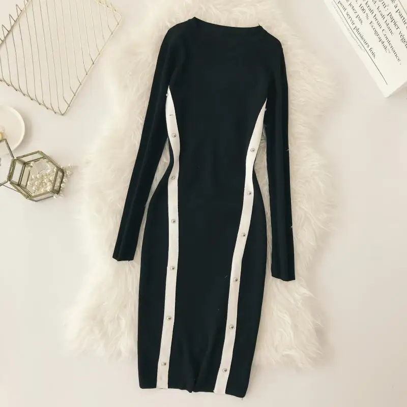 ALPHALMODA OL Graceful Knitting Vestidos Winter 2018 Women New Block Color Rivet Striped Dress Slim Pullovers Knit Vestido ALPHALMODA OL Graceful Knitting Vestidos Winter 2018 Women New Block Color Rivet Striped Dress Slim Pullovers Knit Vestido