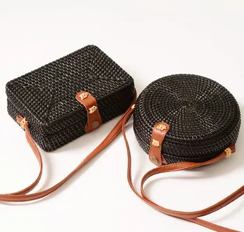

Nesitu New Black Vietnam Handmade Small Women Cuboid Round Straw Bags Female Girl Circle Rattan Woven Beach Messenger Bags M01