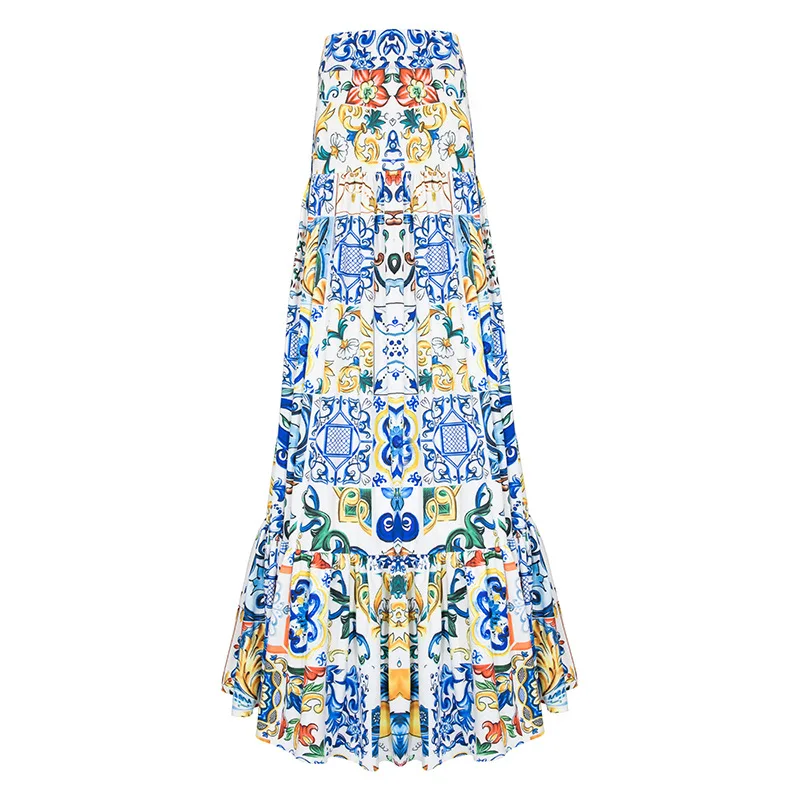 

High quality 2019 new fashion summer long skirt Women's elegant blue and white porcelain print bohemian casual Maxi skirt