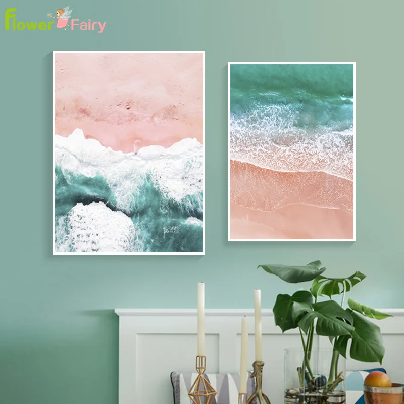

Abstract Pink Beach Wall Art Canvas Painting Blue Sea Nordic Posters And Prints Wall Pictures For Living Room Picture Unframed