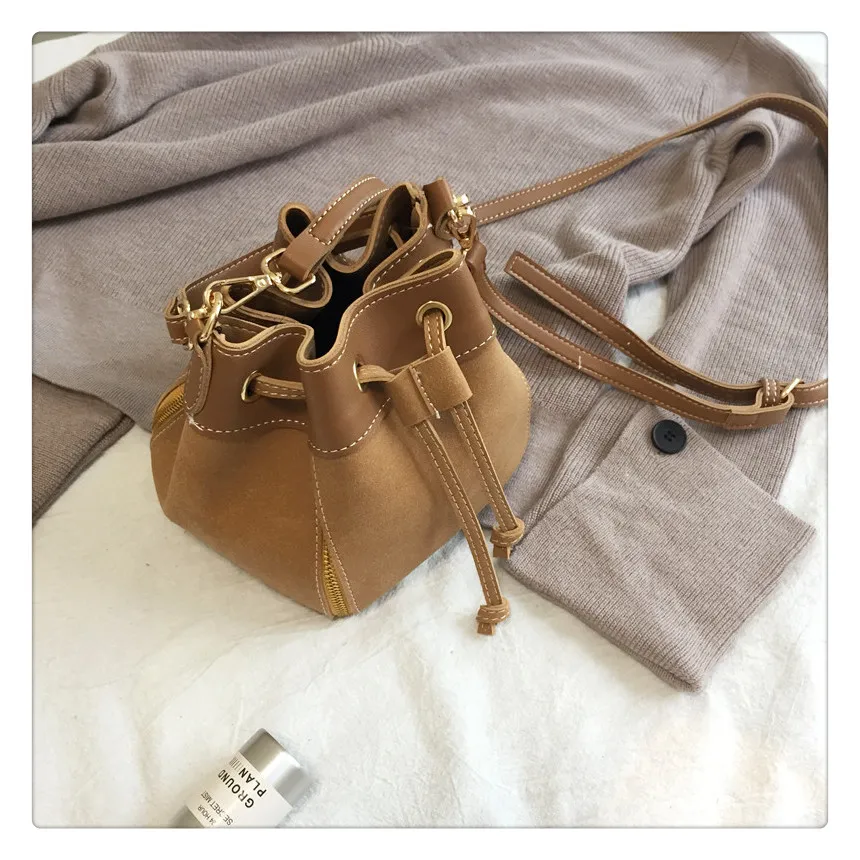 MJ Women Leather Handbags Vintage Suede PU Leather Crossbody Bag Drawstring Bucket Bag Female Small Messenger Bags Korean Style (15)