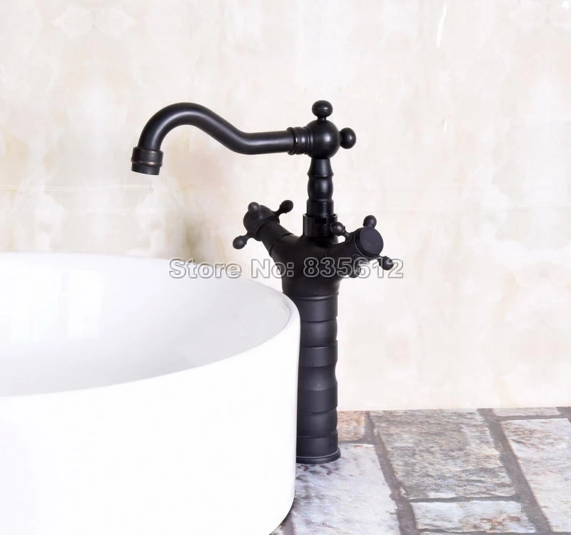 

Black Oil Rubbed Bronze Single Hole Basin Deck Mounted Swivel Spout Bathroom Faucet /Dual Handles Vessel Sink Mixer Taps Wnf138