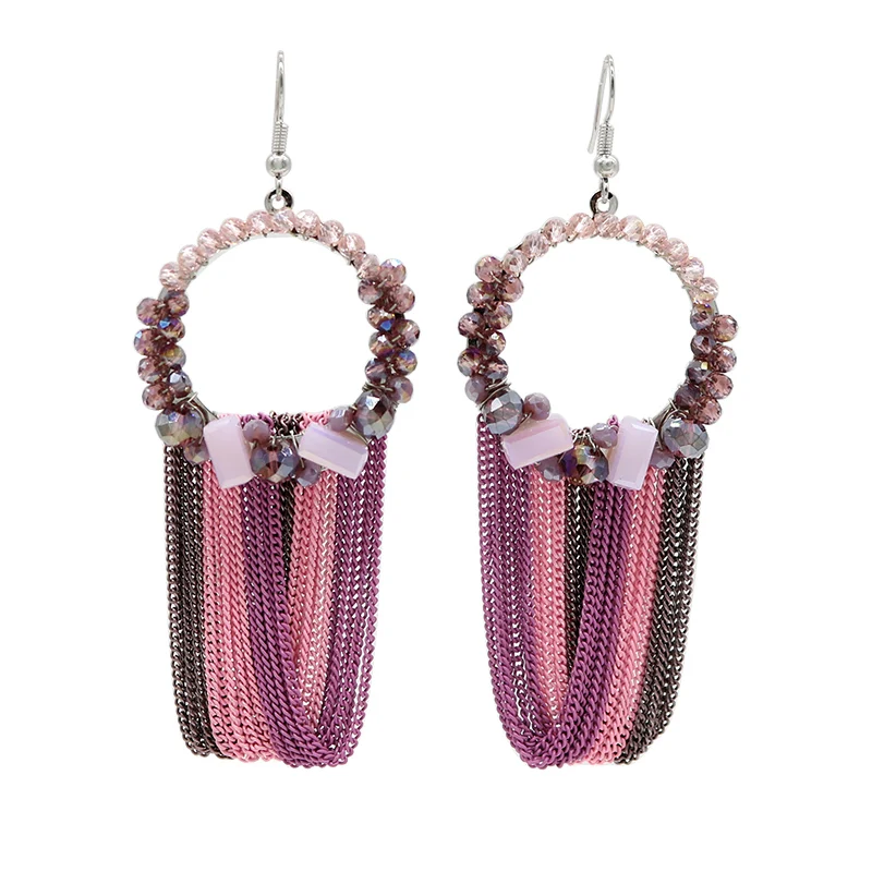 Handmade Bohemian drop earrings Crystal Circle long tassel earrings for