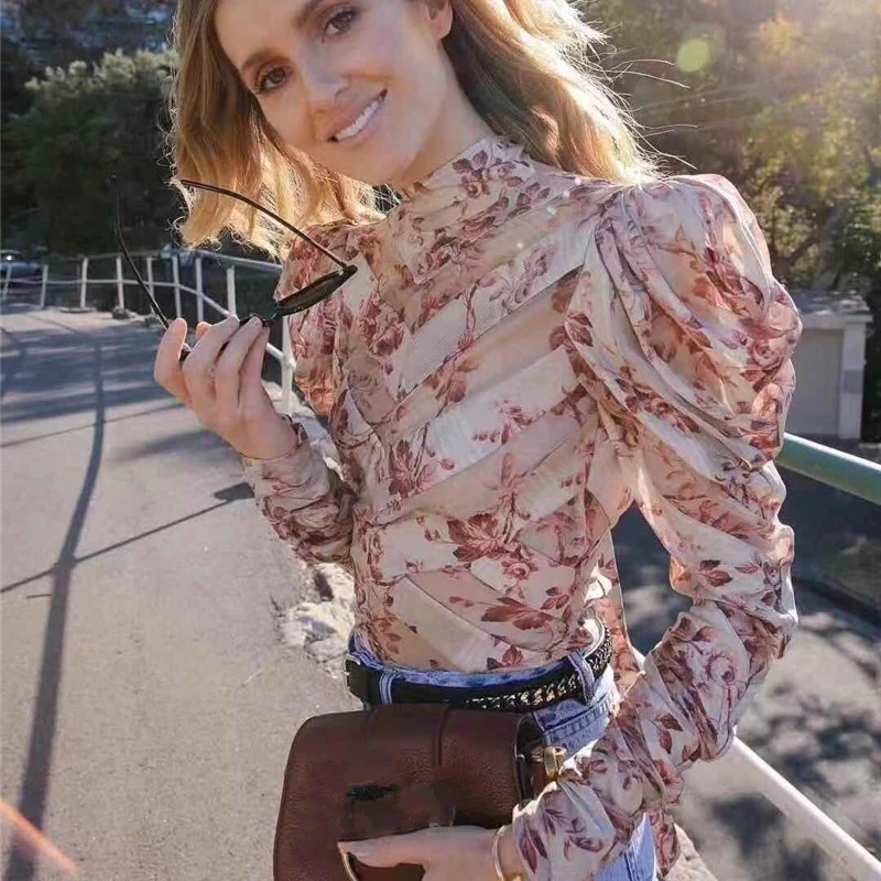 

High Quality 2018 Autumn Long Sleeve Turtleneck Women Chevron Panels Pattern Blouse Top