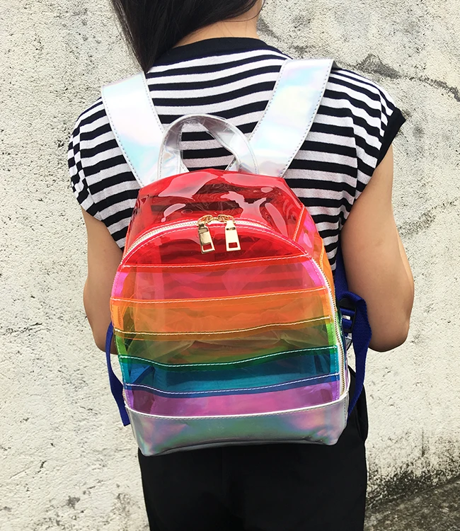 Модный женский рюкзак, цветная полосатая Лазерная пластиковая прозрачная прозрачность безопасности, рюкзак, сумка, Женская дорожная сумка, женская сумка