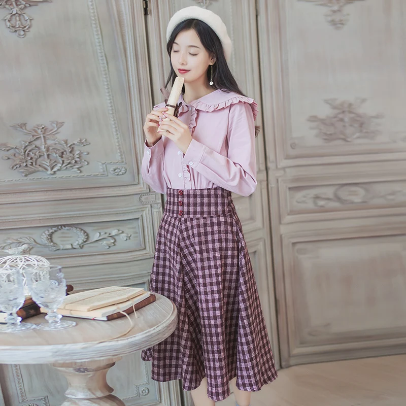 

Mori Girl Spring Autumn 2 Pieces Women Set Cute Pink Ruffles Shirt Suspender Plaid Dress Skirt French Romantic Lady Party Outfit