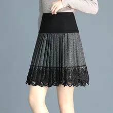 Сезон осень-зима; Повседневное Для женщин Плиссированное эластичный с высокой талией с плиссированным кружевом в стиле пэчворк Серая шерстяная юбка, осенняя женская обувь, тонкие шерстяные юбки для женщин