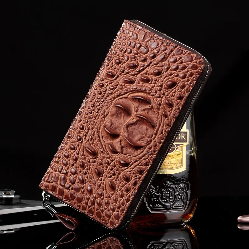 

High Grade Alligator Pattern Genuine Leather Men Zipper Clutch Bag Casual Fashion Long Men Wallet Business Brown Men's Purses