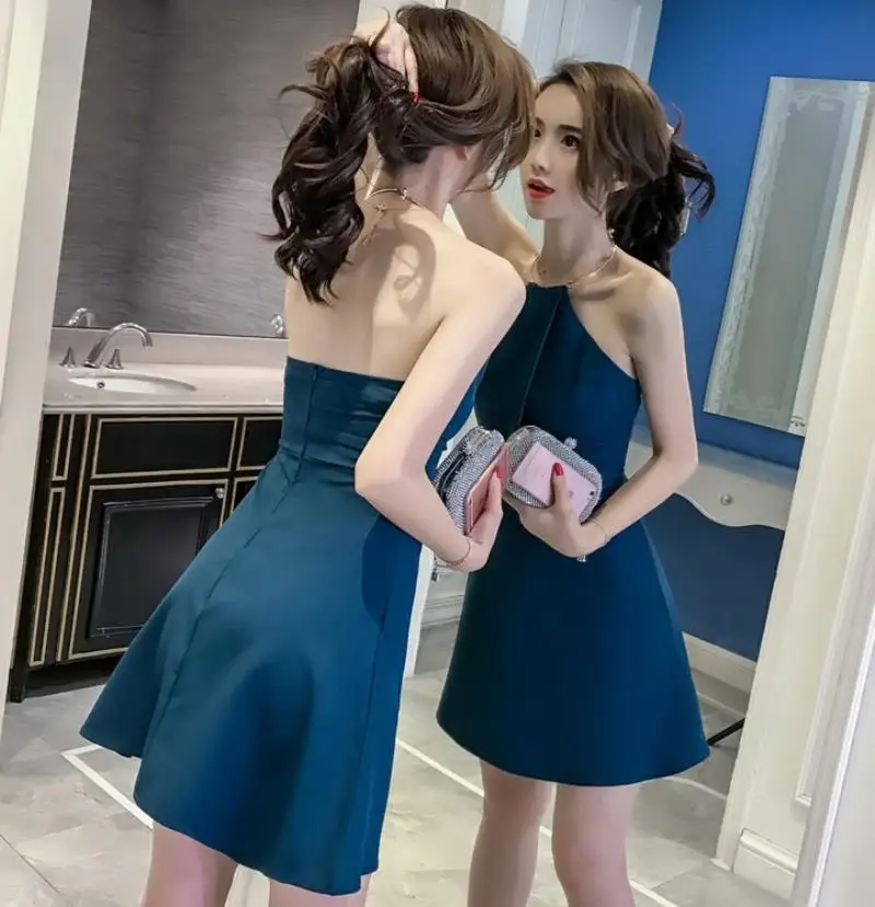 Summer new sexy back dress  metal ring hanging neck slim Asleeveless skirt 2018 Free Shipping