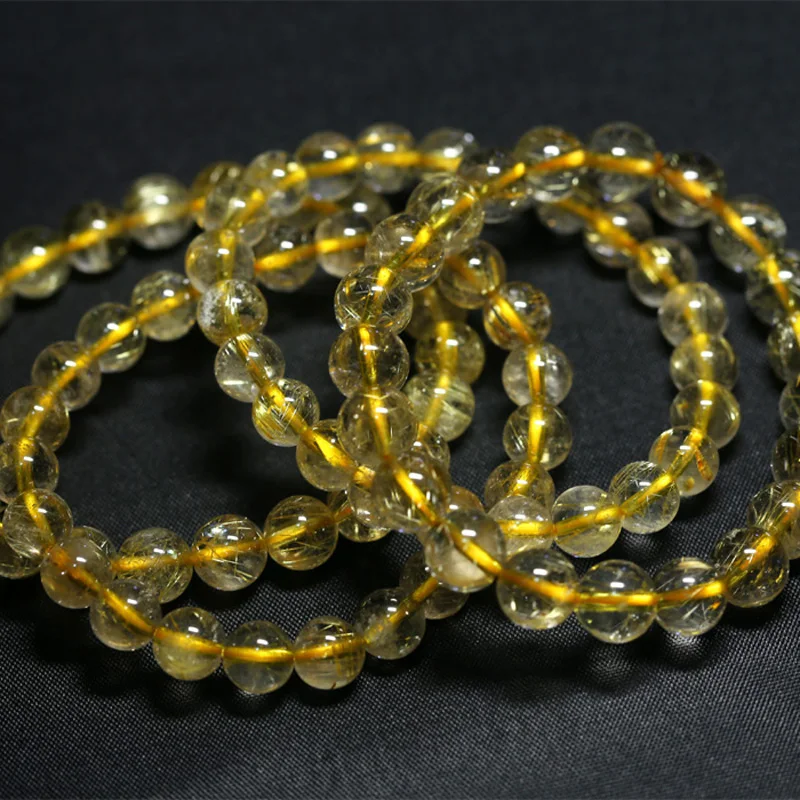 

Wholesale Natural Genuine Yellow Gold Hair Needle Rutile Quartz Rutilated Finished Stretch Bracelet Round Jewelry beads