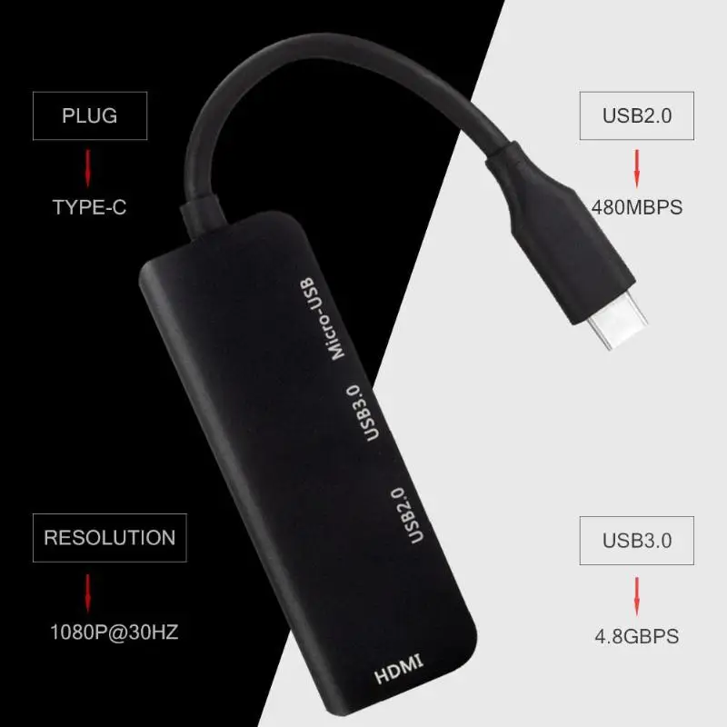 Тип-C USB концентратор до USB2.0/USB3.0/HDMI/Micro USB адаптер док-станция для ПК и телефон 1080 P 30 Гц Разрешение черные высокие Скорость передачи