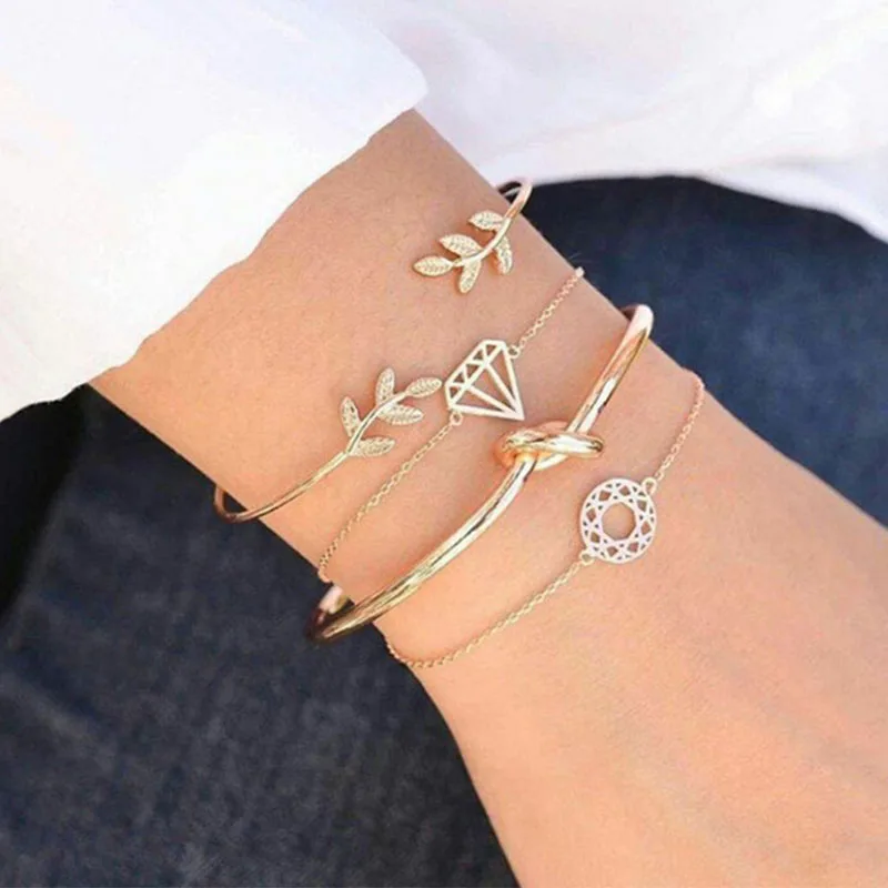 

4 pcs/set Bracelets Sets For Women Girl Knot Leaf Hollow Circle Open Cuff Bangle Set Gold Color Link Chains Accessories Jewelry