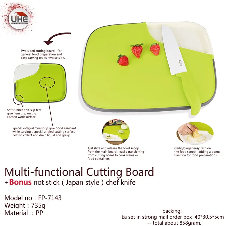 

UKE Kitchen Tools Multi-Functional Two Sided Plastic board cutting chef Cutting Board Set Bonus NonStick Janpanese Chef Knife