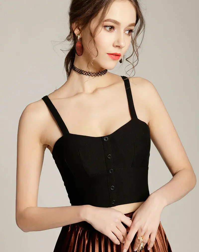 

2019 Summer Women's Pure Striped Sling Tops V-neck Padded Crop Tank Tops Button Vest Beach Streetwear Elegant Soft Clothes