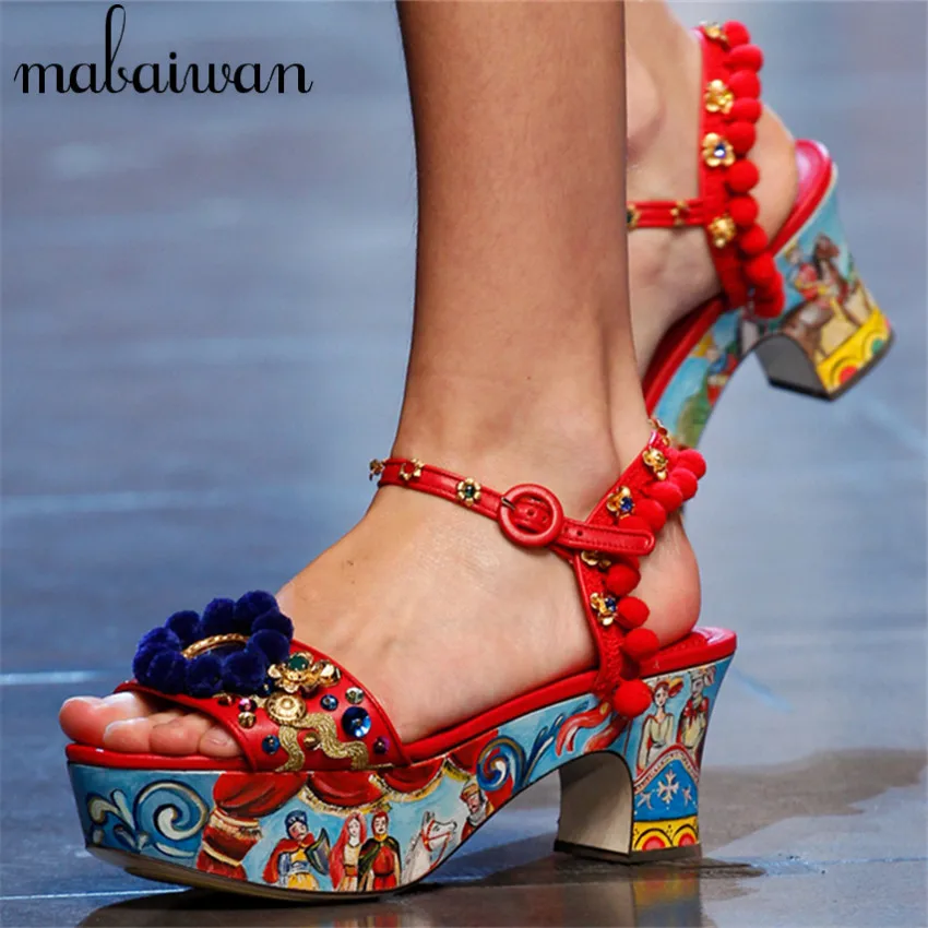 Summer Women Handmade Sandals Pom Pom Embellished Chunky Platform Wedges Vintage Print Thick Heel Ladies Gladiator Sandalias