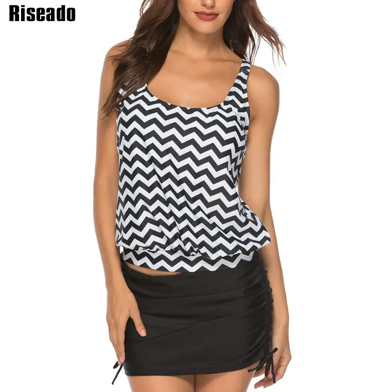 

Riseado 2019 Swimsuit Wave Striped Printing Tankini Set Sexy Swimwear Women Tie-waisted Bathing Suits Skirted Beachwear