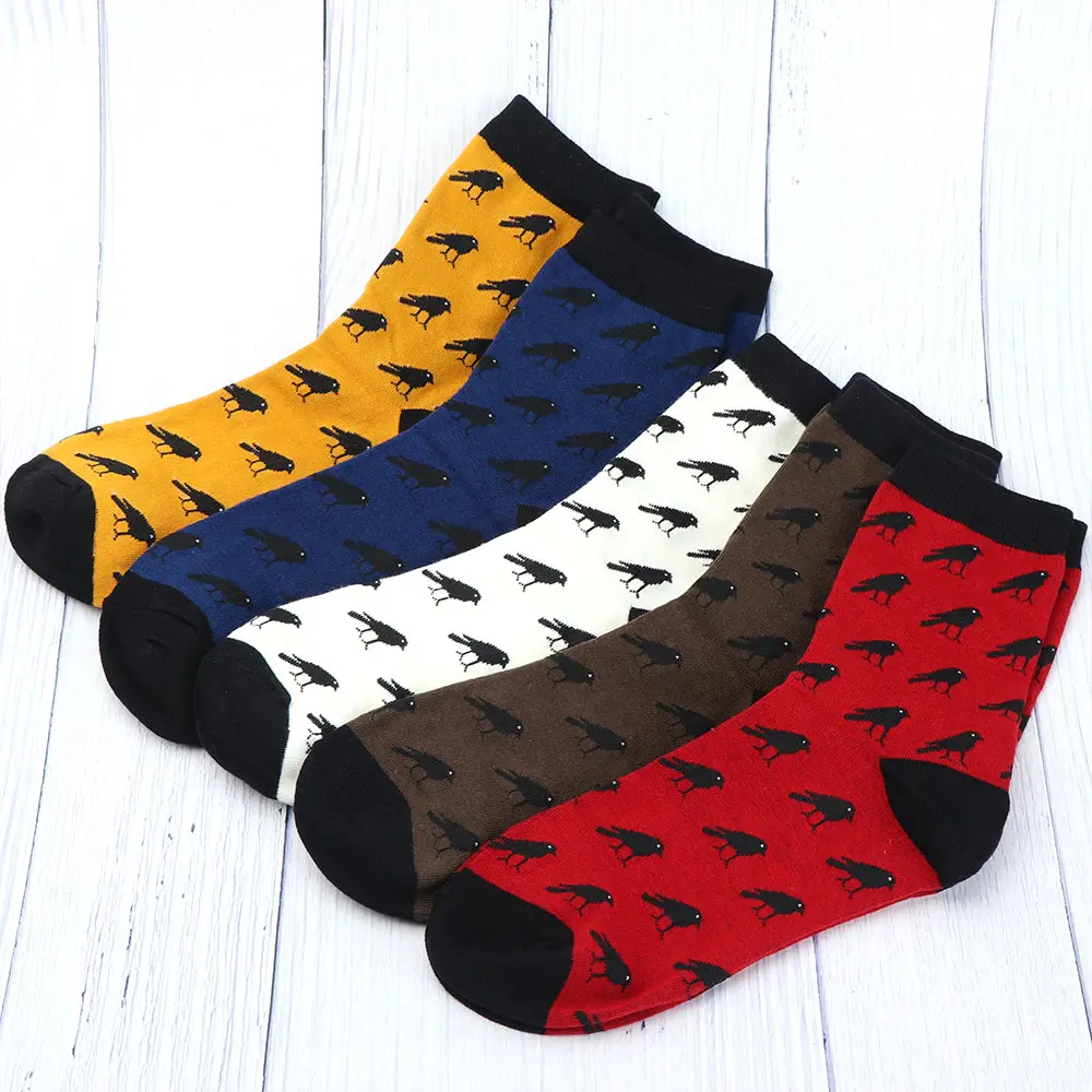 Мужские Хлопчатобумажные Носки с рисунком ворона, счастливые носки зимние осенние мужские теплые мягкие носки повседневные милые цветные