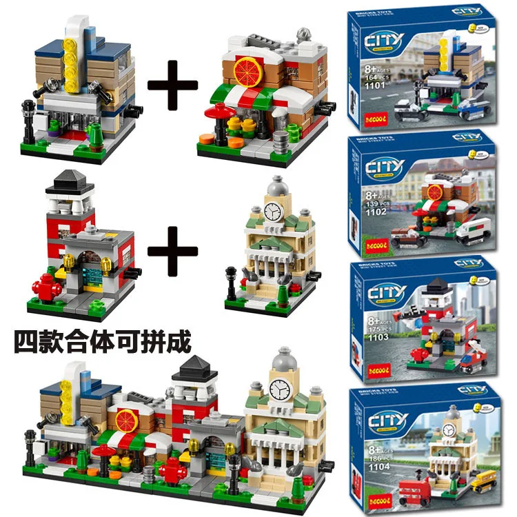 

Decool 1101-1104 building blocks mini city scene cines/pizzeria/estacion de bomberos/guildhall ladrillos juguetes 4pcs/lot