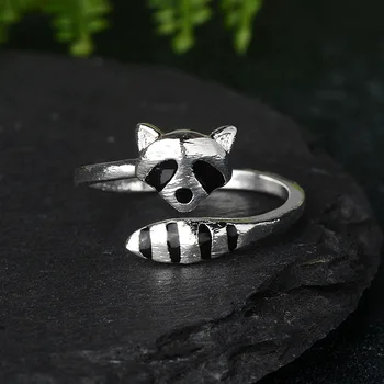 

Fashion Creative Silver Color Raccoon Female Ring Cute Animal Opening Rings for Women Party Adjustable Jewelry Wholesale Anillos