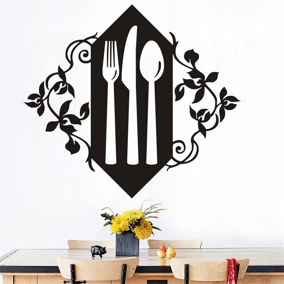Knife Fork Spoon Vinyl Wall Decals Creative Art Kitchen Wall Stickers Waterproof Art Vinyl Decal Vintage Diy Home Decor