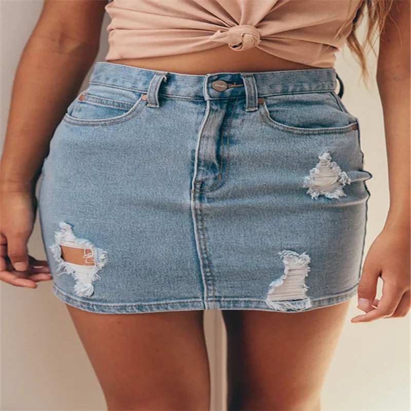 

Fashion Casual Womens Ripped Distressed Hole High Waisted Denim washed Mini Short Skirt Pocket Button Skirt Popular Clothing