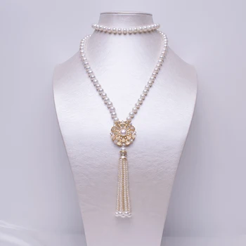 

Beautiful Flower Pearl Pendant Necklace 8-9mm Nearround Pearl Necklace With Tassel Pendant Jewelry Gifts 80cm Long Necklace