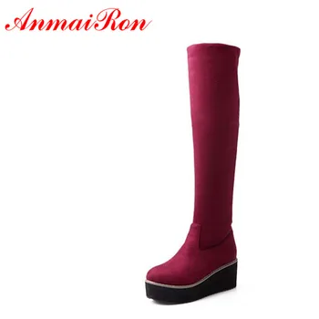 

ANMAIRON Stretch Nubuck Black Red Blue Wedge Platform Women Thigh High Boot Long Winter Fashion Shoes Women Big Size 34-43