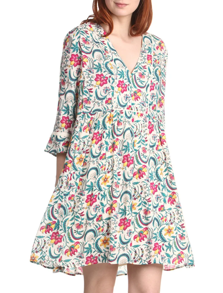 

Viscose Floral Print V Neck Short Mini Dress With Elbow Sleeves