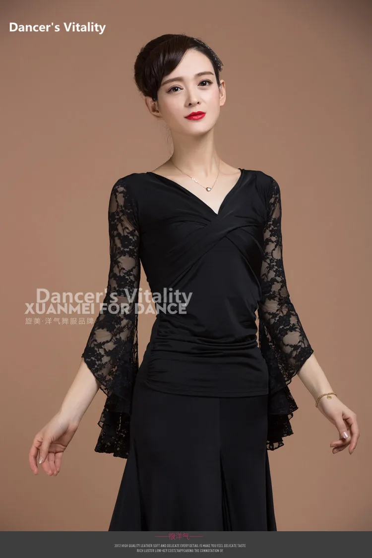 Модный элегантный черный кружевной топ с оборками для латинских танцев для женщин/девочек, квадратный танцевальный костюм