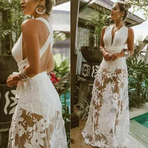 

Women Lace Boho Long Dress Evening Party Beach Lace Sleeveless Dress Sundress Summer Sexy Holiday Dresses