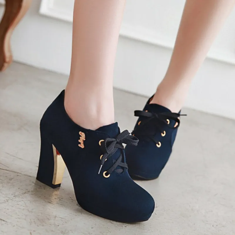 

2019 Suede Leather Women High Heels Lace Up Platform Shoes Women Comfortable Women Office Shoes Pumps Large Size 43