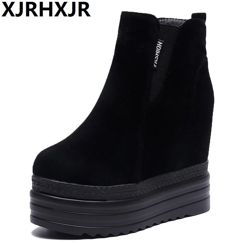 

XJRHXJR Winter Autumn wedges women 12CM high heel snow boot short plush fur ankle boots Increased Internal female platform shoes