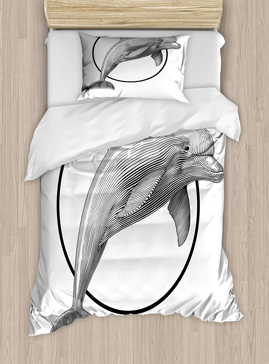 

Nautical Duvet Cover Set Monochrome Sketch Style Dolphin Jumping out of Water Underwater Wildlife Design 4 Piece Bedding Set