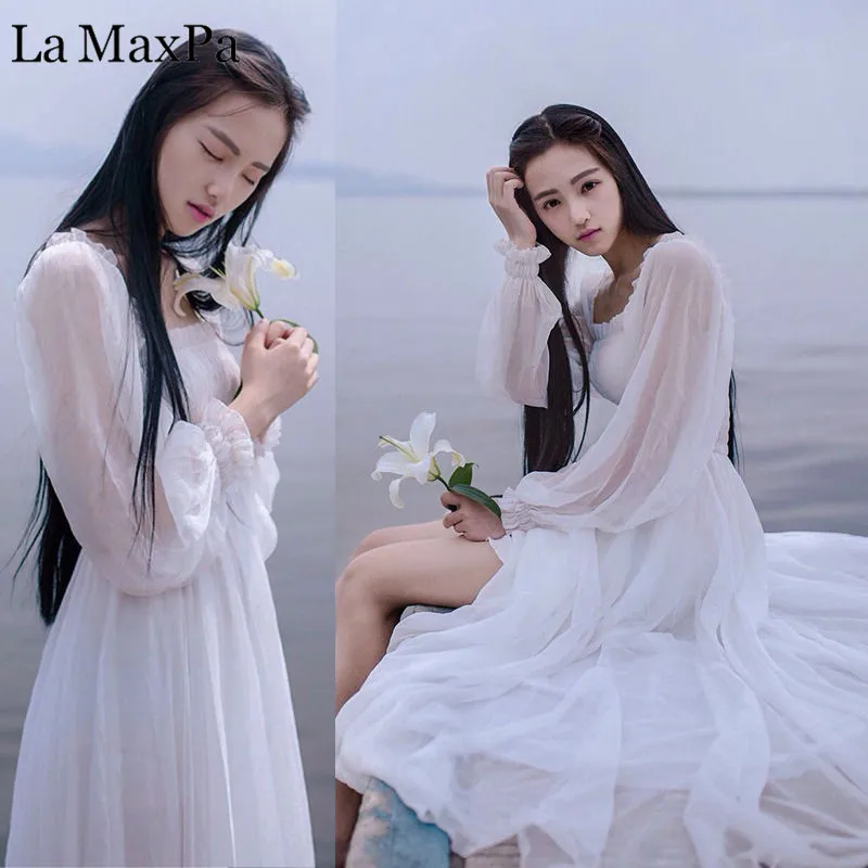 Сказочное шифоновое платье для девочек; женские белые платья с длинными рукавами-фонариками; фантазийное Макси-платье принцессы; элегантное высококачественное платье в пол