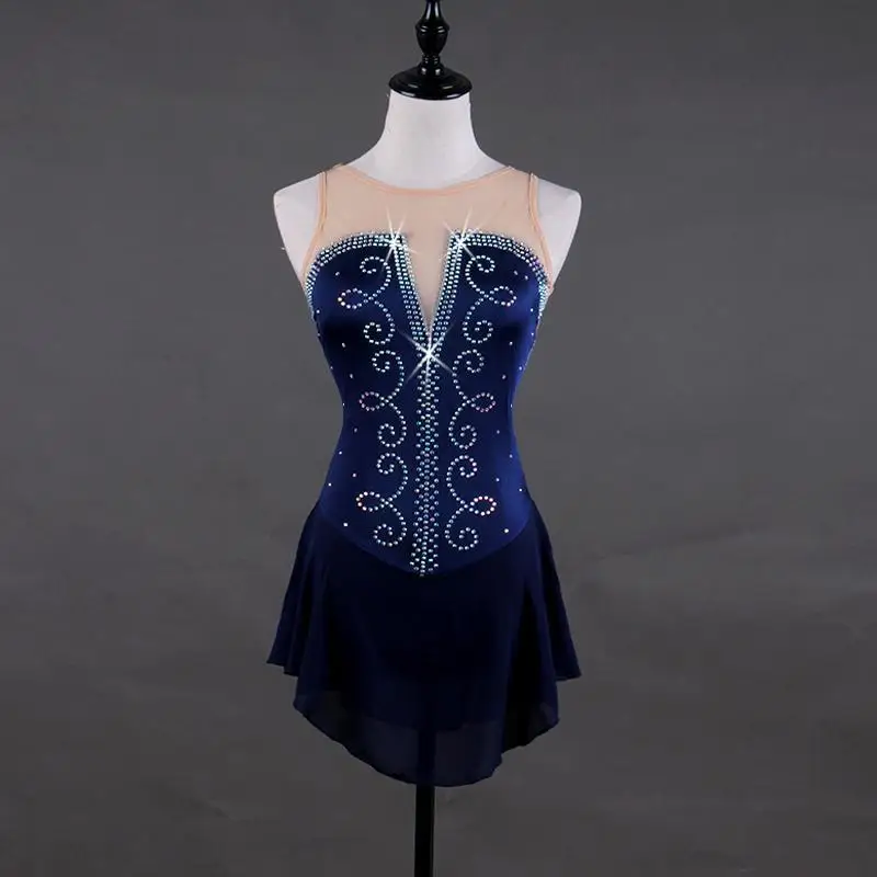 Sleeveless Dress for Girls Beaded Rhinestone Print Dress for Competition LIUHUO Dark Blue Ice Skating Dress 