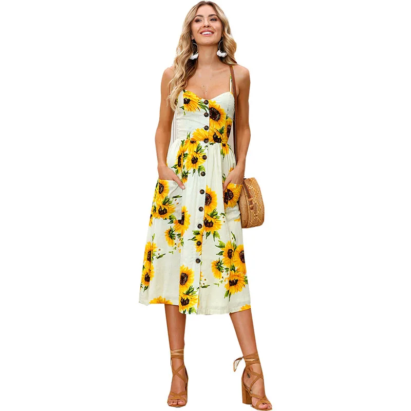 

Women summer dresses 2019 hot western sunflower pineapple pattern print sling button halter sexy mid-calf dress vestidos NXB1262