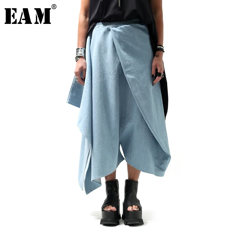 

[EAM] 2019 New Autumn Winter High Elastic Loose Blue Denim Irregular Split Joint Wide Leg Pants Women Trousers Fashion JW606