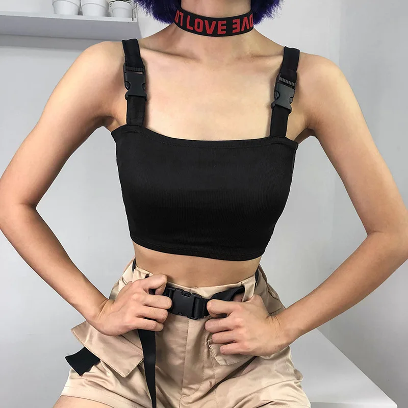 

Summer Bralette Crop Top Women Streetwear Sleeveless Top Feminino Tank Tops Tees Patchwork Buckle Female Bustier
