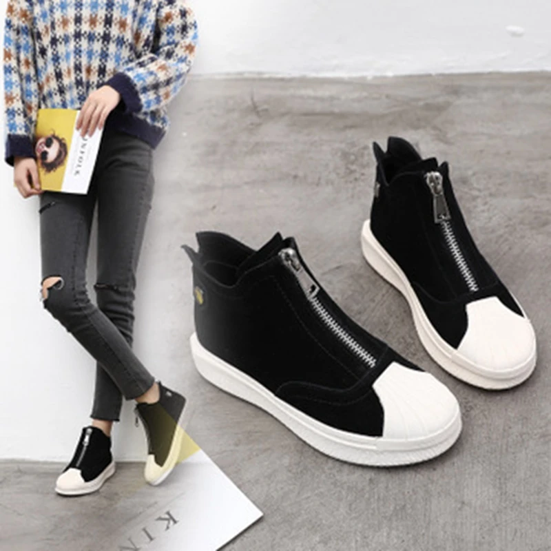 

2018 autumn new leather front zipper flat bottom versatile shell head shoes comfortable European and American models women's sho